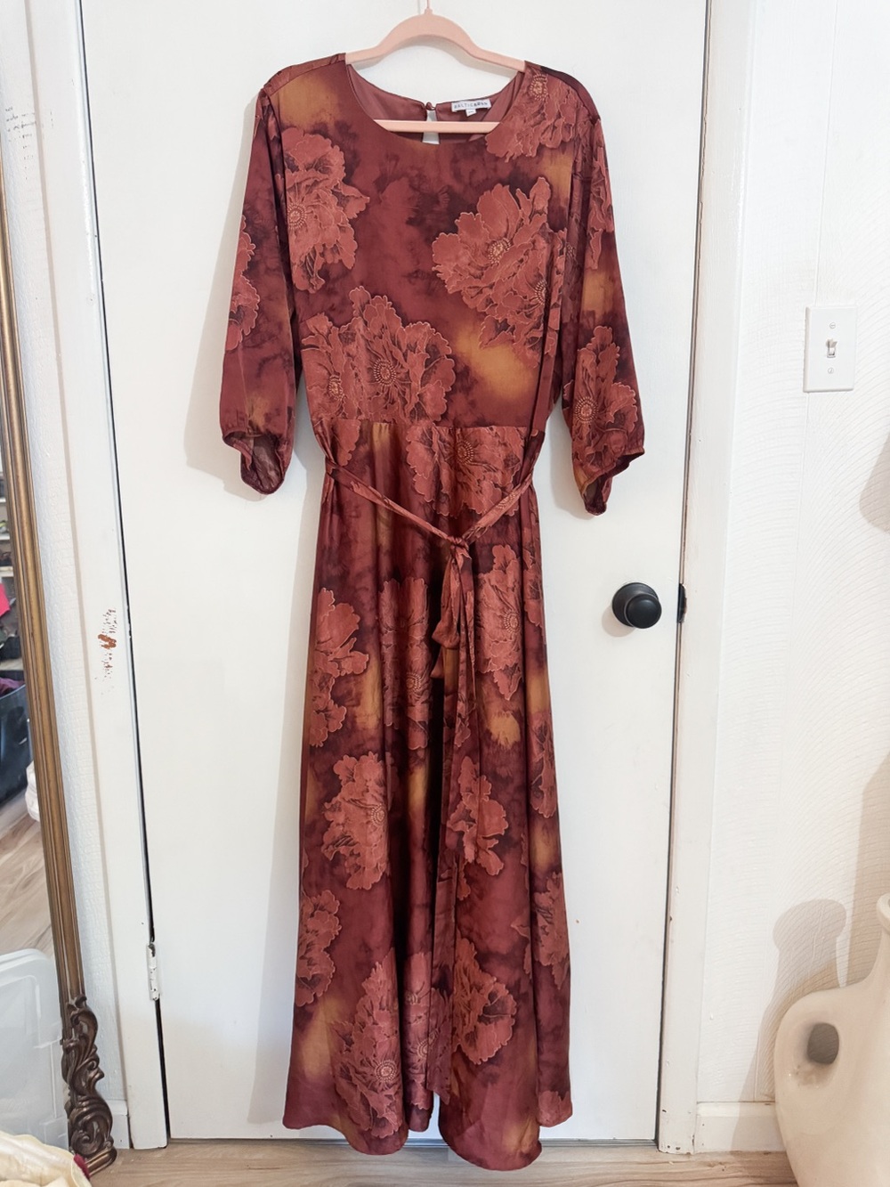 Baltic Born Paula Satin Floral Maxi Dress with Waist Tie Belt in Terracotta 2XL - Picture 4 of 9